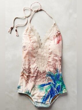 Anthropologie Lace-Trim One-Piece Swimsuit in Blush and Blue mermaid swim xl